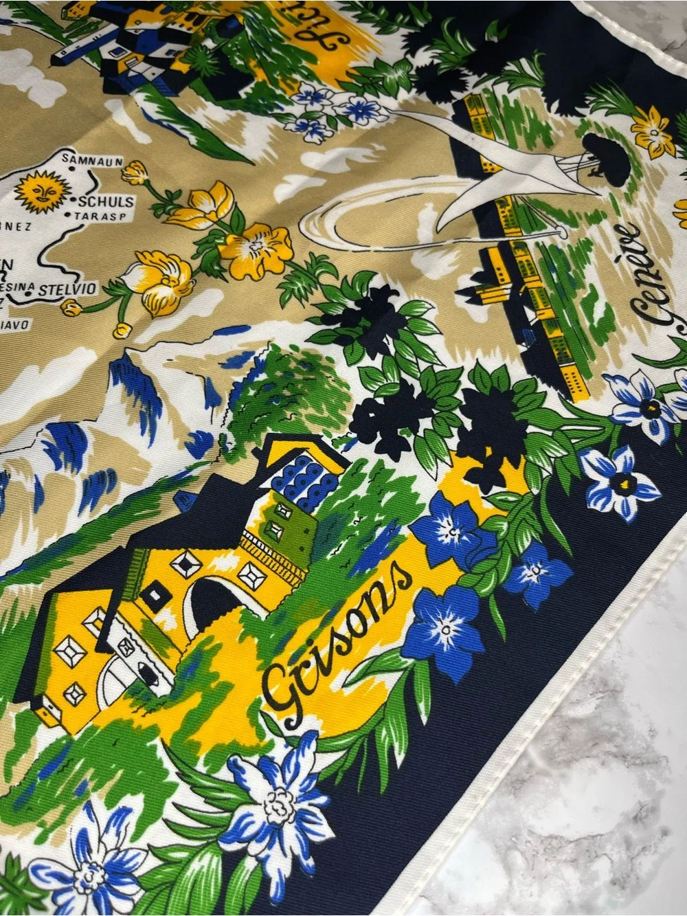 Vintage Map Print Silk Scarf in Navy, Yellow & Green